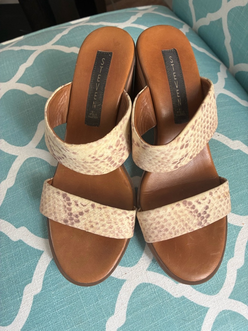 Steven by Steve Madden Beige Snake-Print Double Band Stacked Heel Sandal